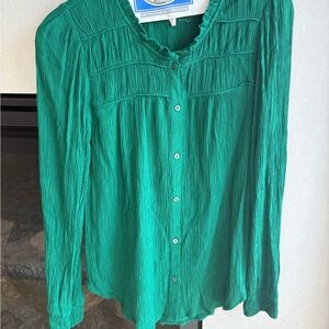 Emerald Green Ruched Long Sleeve Blouse with Mandarin Collar